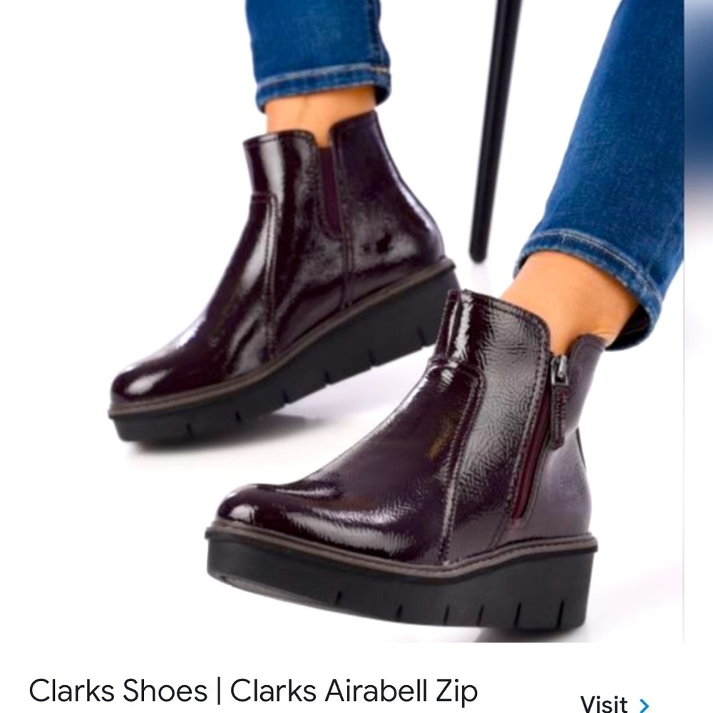 Clarks Airabell Zip Patent Leather Ankle Boots in Deep Wine